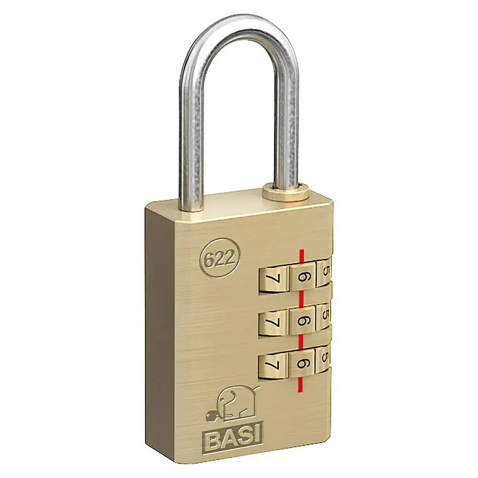 Basi Zahlenschloss KS 622 - L x B: 30 x 21 mm, Bügelstärke: 3 mm, Messing - Goldenes Zahlenschloss mit silbernem Bügel, drei Zahlenräder auf '666' eingestellt.