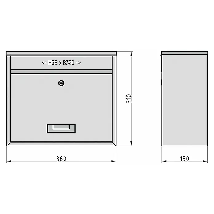 Basi Wandbriefkasten BK 900 - L x B x H: 15 x 36 x 31 cm, Weiß, Stahl, Namensschild - Hellgrauer Briefkasten mit Einwurfschlitz (H38xB320mm), Schloss und Entnahmeklappe. Maße: 360x310x150 mm.