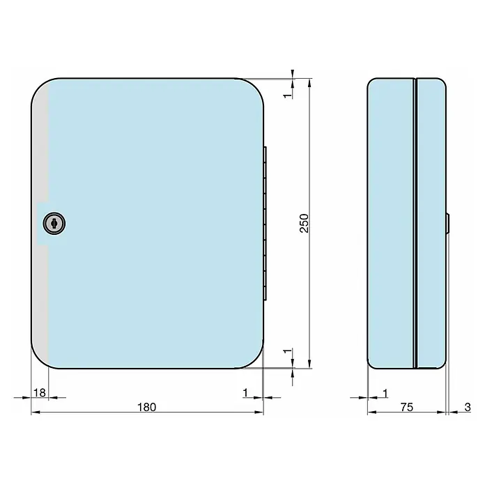 Basi Schlüsselkasten SK 50 - L x B x H: 75 x 250 x 180 mm, Anzahl Haken: 20 Stk. - Hellblaues rechteckiges Gehäuse mit abgerundeten Ecken und Schloss, Ansicht mit Vorder- und Seitenmaßen.