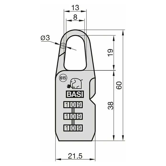 Basi Zahlenschloss KS 615 - 60 x 21,5 mm, Bügelstärke: 3 mm, Material Gehäuse: Aluminium - Graues BASI Kombinationsvorhängeschloss mit schwarzem Bügel und drei Zahlenrädern, mit technischen Maßen.