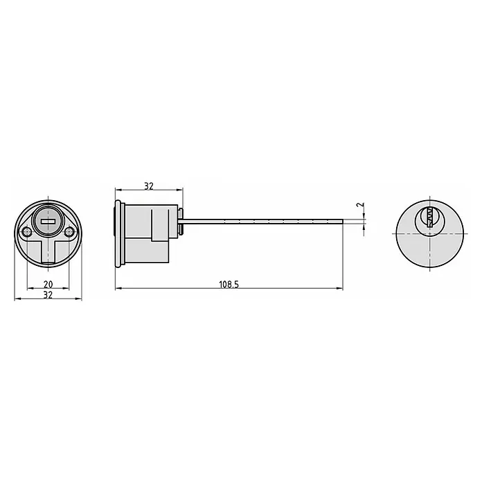 Basi Profilzylinder AS - Profilschlüssel - Grauer Schließzylinder mit langem, flachen Metallriegel in technischer Zeichnung, mit Vorder-, Seiten- und Rückansicht.