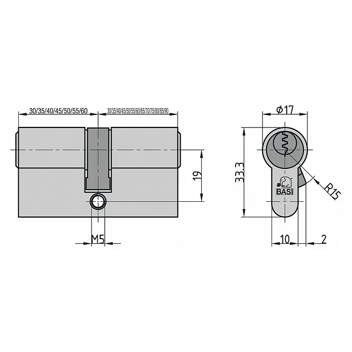 Basi Profilzylinder AS - Baulänge innen: 35 mm, Baulänge außen: 70 mm, Material Zylinder: Messing, Profilschlüssel - Technischer Zeichnung eines grauen Türschließzylinders mit Abmessungen und Schlüsselprofil.
