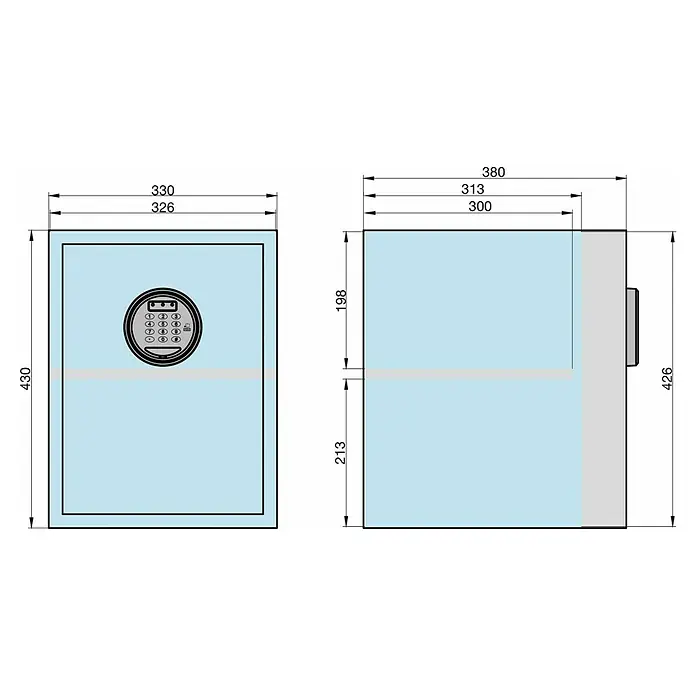 Basi Möbeltresor EMT 380 Code - L x B x H: 380 x 330 x 430 mm, Elektronisches Zahlenschloss, Schwarz - Blauer Tresor mit digitalem Tastenschloss. Abmessungen: 430 mm (H) x 330 mm (B) x 380 mm (T).