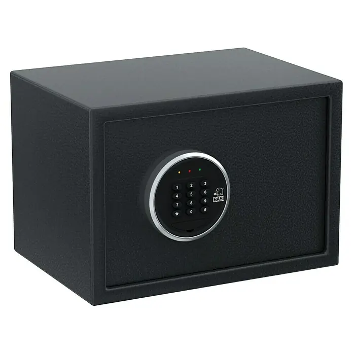 Basi Möbeltresor EMT 250 Code - L x B x H: 250 x 350 x 250 mm, Elektronisches Zahlenschloss, Schwarz - Dunkelgrauer Elektronik-Safe mit strukturierter Oberfläche und silberumrandetem Tastenfeld.