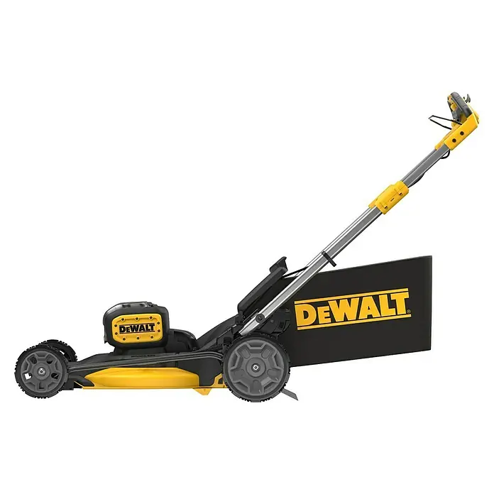 DeWalt XR 18V Akku-Rasenmäher DCMWSP156N-XJ - 18 V, Ohne Akku, Schnittbreite: 53 cm - Gelber und schwarzer DeWalt Akku-Rasenmäher mit Grasfangkorb, seitlich gesehen.