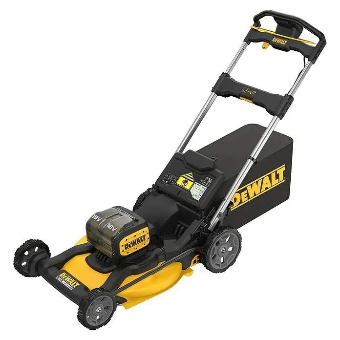 DeWalt XR 18V Akku-Rasenmäher DCMWP134N-XJ - 18 V, Schnittbreite: 53 cm - DeWalt gelber und schwarzer Akku-Rasenmäher mit 18V-Batterien und Grasfangkorb.