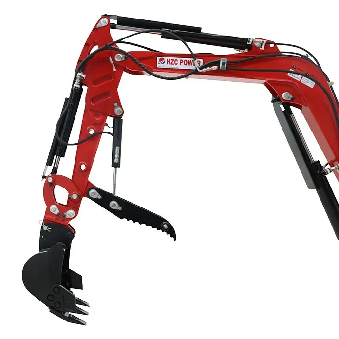 HZC Power Baggerdaumen HBGD - Passend für: HZC Power Minibagger - Roter Baggerarm mit schwarzen Hydraulikzylindern, einer Baggerschaufel und einem hydraulischen Greifer.