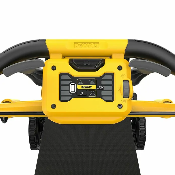 DeWalt XR 18V Akku-Rasenmäher DCMWSP156N-XJ - 18 V, Ohne Akku, Schnittbreite: 53 cm - Gelbes und schwarzes DeWalt Rasenmäher-Bedienfeld und Griffe mit Akkuladestand- und Modusanzeigen.