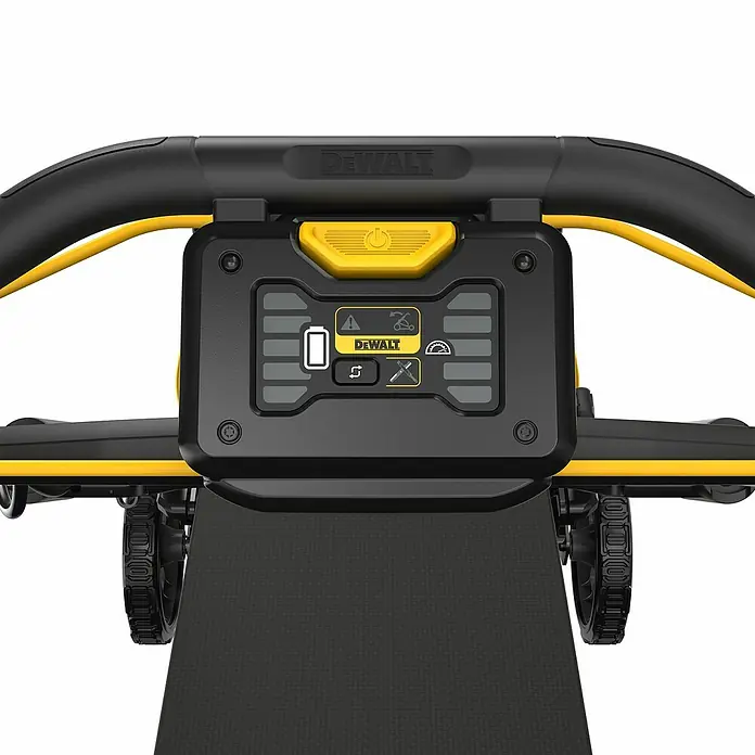 DeWalt XR 18V Akku-Rasenmäher DCMWP134N-XJ - 18 V, Schnittbreite: 53 cm - Schwarzes und gelbes Dewalt-Werkzeug-Bedienfeld und Griff, zeigt Leistung, Akku und Mähereinstellungen.