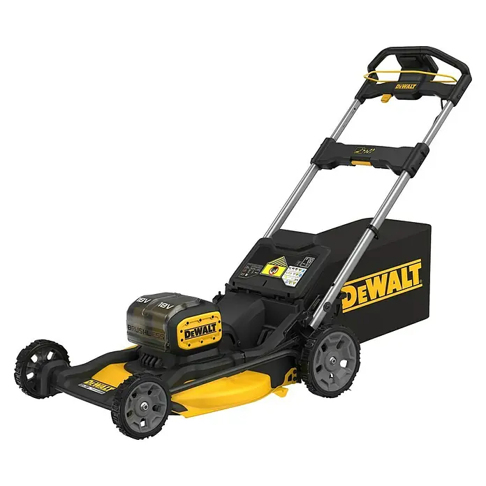 DeWalt XR 18V Akku-Rasenmäher DCMWP134N-XJ - 18 V, Schnittbreite: 53 cm - Gelb-schwarzer DeWalt Akku-Rasenmäher mit Grasfangkorb und silbernem Griff.