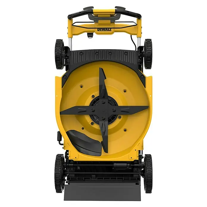 DeWalt XR 18V Akku-Rasenmäher DCMWSP156N-XJ - 18 V, Ohne Akku, Schnittbreite: 53 cm - Unterseite eines gelb-schwarzen DeWalt Rasenmähers mit Vierschneidmesser-System und Rädern.