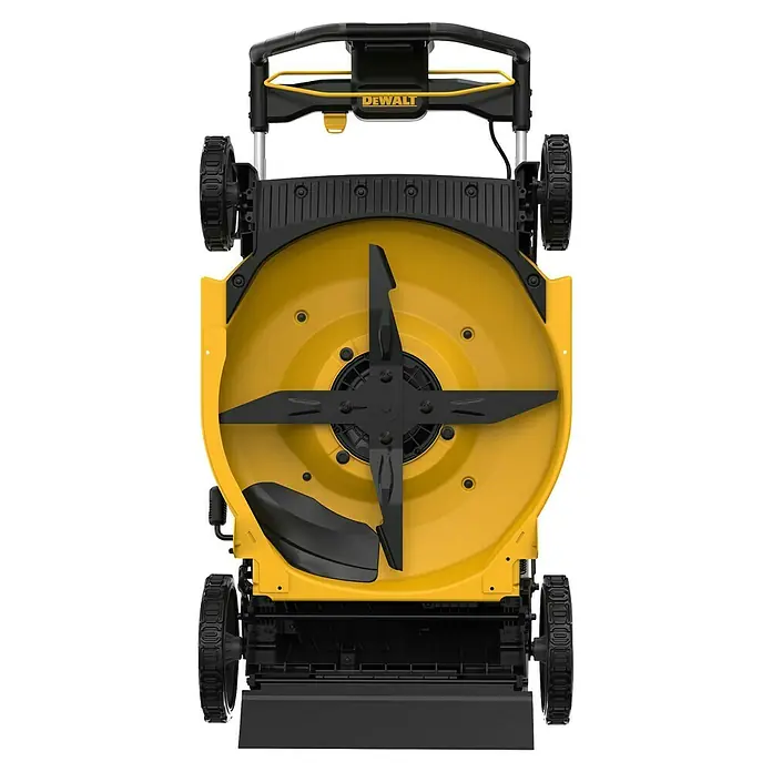 DeWalt XR 18V Akku-Rasenmäher DCMWP134N-XJ - 18 V, Schnittbreite: 53 cm - DeWalt Rasenmäher, gelb-schwarz, von oben mit freiliegendem Mähdeck und sternförmigem Messersatz.