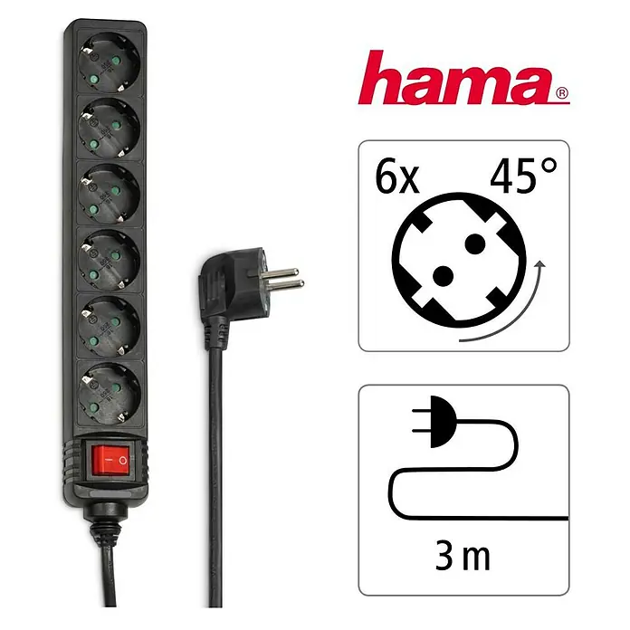 Hama Steckdosenleiste 00137265 - Anzahl Steckdosen: 6 Stück, Kabellänge: 3 m, IP20, Schwarz, Erhöhter Berührungsschutz, Mit Schalter - Schwarze Hama 6-fach Steckdosenleiste mit 45° gewinkelten Buchsen, rotem Ein/Aus-Schalter und 3m Kabel mit Winkelstecker.