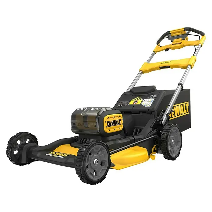 DeWalt XR 18V Akku-Rasenmäher DCMWSP156N-XJ - 18 V, Ohne Akku, Schnittbreite: 53 cm - Gelber und schwarzer kabelloser bürstenloser DeWalt Rasenmäher mit großen Rädern.