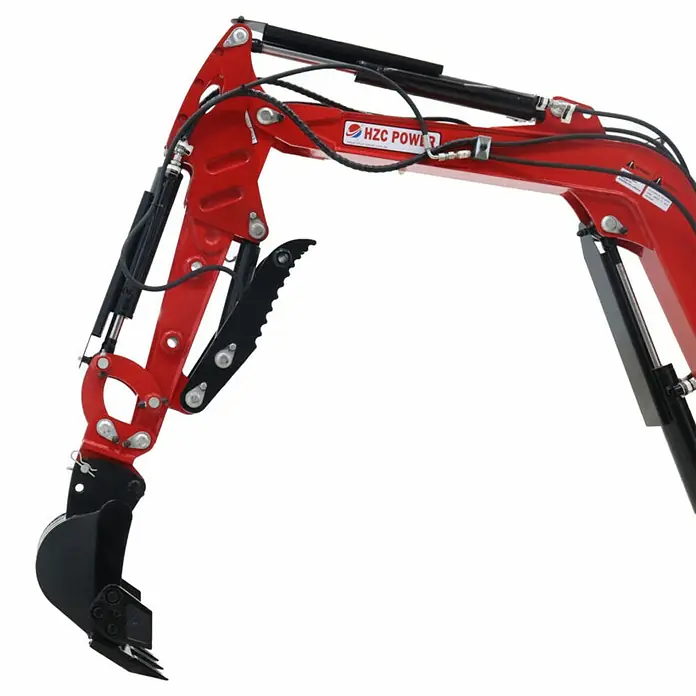 HZC Power Baggerdaumen HBGD - Passend für: HZC Power Minibagger - Roter Minibaggerarm mit schwarzen Hydraulikzylindern, Grabschaufel und hydraulischem Greifzahn.
