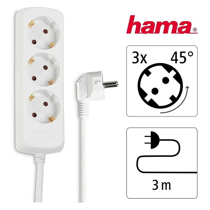 Hama Steckdosenleiste 0030569 - Anzahl Steckdosen: 3 Stück, Kabellänge: 3 m, IP20, Weiß, Erhöhter Berührungsschutz - Weiße 3-fach Steckdosenleiste mit 3m Kabel und gewinkeltem Stecker. Steckdosen um 45 Grad gedreht.