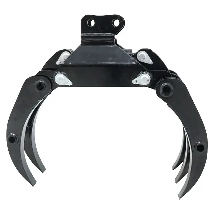 HZC Power Holzgreifer SH61 - Stahl, Mit Hydraulik, Passend für: HZC Minibagger - Schwarze Metallgreifklaue für Baumaschinen, mit gezackten Zinken und einer Befestigungsöse oben.