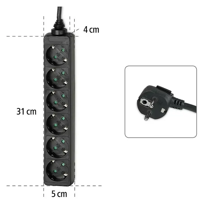 Hama Steckdosenleiste 0047759 - Anzahl Steckdosen: 6 Stück, Kabellänge: 1,4 m, IP20, Schwarz - Schwarze 6-fach Steckdosenleiste mit Schukostecker. Maße: 31 cm Länge, 5 cm Breite, 4 cm Tiefe.