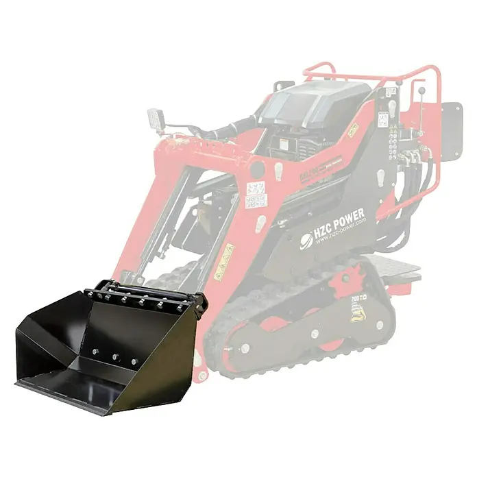HZC Power Seitenkippschaufel SKSKL200 - Stahl, Passend für: HZC Power Kompaktlader BKL200 - Schwarze Schaufel an einem roten und schwarzen Mini-Kompaktlader auf Ketten.
