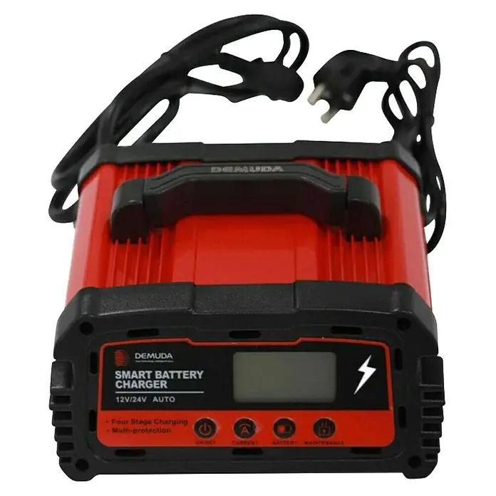 HZC Power Ladegerät für Minibagger SLM10 - Passend für: HZC Power Minibagger - Rot-schwarzes Smart-Batterieladegerät für 12V/24V Autobatterien mit Digitalanzeige, Bedientasten und Netzkabeln.