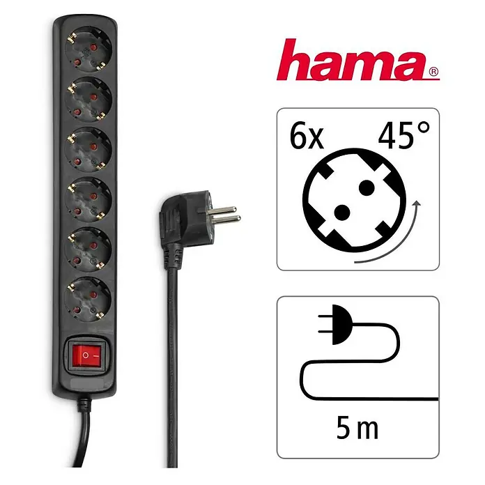 Hama Steckdosenleiste 137266 - Anzahl Steckdosen: 6 Stück, Kabellänge: 5 m, IP20, Schwarz, Mit Schalter, Erhöhter Berührungsschutz - Schwarze 6-fach Steckdosenleiste mit 45° abgewinkelten Steckdosen, rotem Schalter und 5m Kabel mit Winkelstecker.