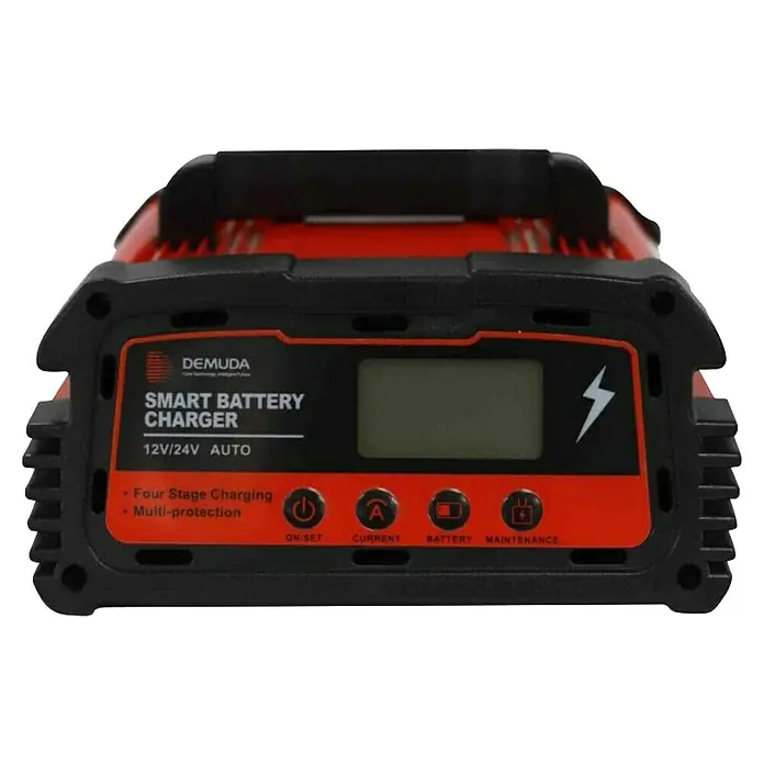 HZC Power Ladegerät für Minibagger SLM10 - Passend für: HZC Power Minibagger - Rot-schwarzes smartes Batterieladegerät mit Display und Bedientasten für 12V/24V Batterien, mit Mehrfachschutz.