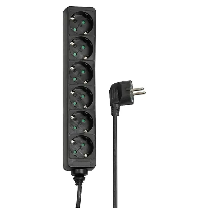 Hama Steckdosenleiste 0047759 - Anzahl Steckdosen: 6 Stück, Kabellänge: 1,4 m, IP20, Schwarz - Schwarze Mehrfachsteckdosenleiste mit Schutzkontaktbuchsen und abgewinkeltem Stecker.