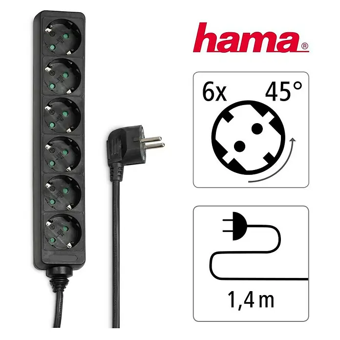 Hama Steckdosenleiste 0047759 - Anzahl Steckdosen: 6 Stück, Kabellänge: 1,4 m, IP20, Schwarz - Schwarze Hama 6-fach Steckdosenleiste mit 45-Grad-Schuko-Steckdosen und 1,4m Kabel.