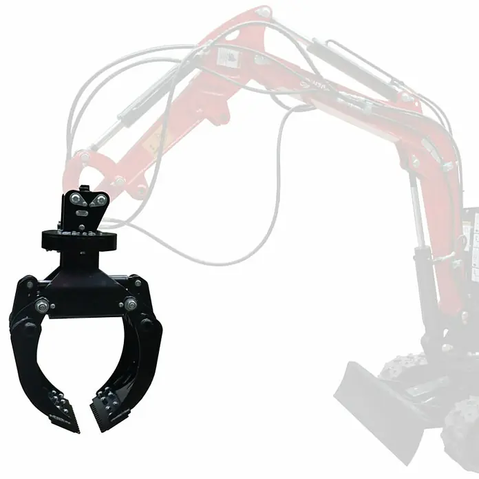 HZC Power Steingreifer SG360 - Mit Hydraulik, Passend für: HZC Power Minibagger (wenige Ausnahmen, siehe Text) - Schwarzer Baggergreifer an einem roten Hydraulikarm befestigt.