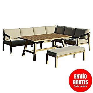 Sunfun Conjunto de muebles Monti (6 pzs., Aluminio con tranferencia térmica de teca/Poliéster, Marrón/Gris)