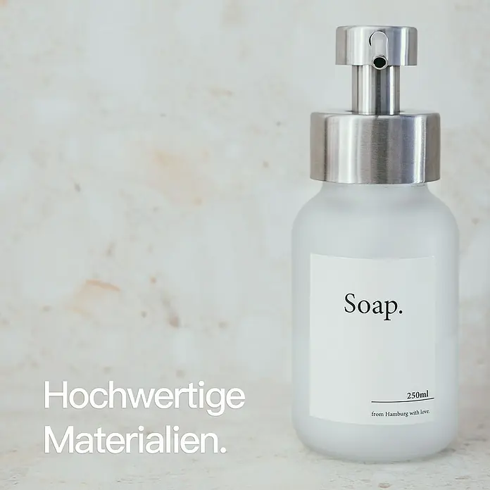 Designfabrik Hamburg Seifenspender - Edelstahl, Silber/Satiniertes Glas - Seifenspender aus mattiertem Glas mit gebürsteter Metallpumpe, 250 ml Fassungsvermögen.