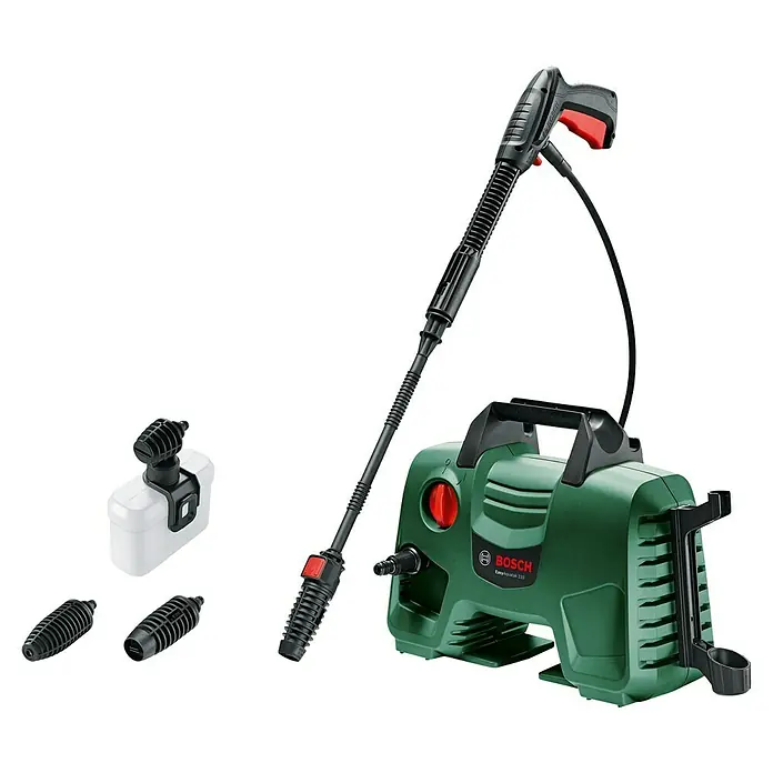 Bosch Hochdruckreiniger EasyAquatak 110 - 1.300 W, Max. Druck: 110 bar, Fördermenge: 330 l/h - Grüner Bosch EasyAquatak 110 Hochdruckreiniger mit Sprühpistole, Schlauch, Seifenspender und zwei Düsen.