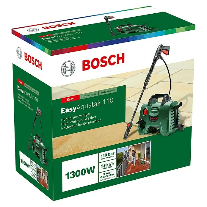 Bosch Hochdruckreiniger EasyAquatak 110 - 1.300 W, Max. Druck: 110 bar, Fördermenge: 330 l/h - Bosch EasyAquatak 110 Hochdruckreiniger, grün-schwarz, auf Verpackung. Box hebt 1300W, 110 bar Druck und 3 Jahre Garantie hervor.