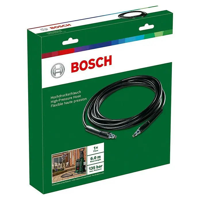 Bosch Ersatz-Hochdruckschlauch - 6 m, Passend für: Bosch Hochdruckreiniger AQT 33/35/37 - Bosch Hochdruckschlauch, 6,0 m, 135 bar max. Druck, auf grüner und weißer Produktverpackung.
