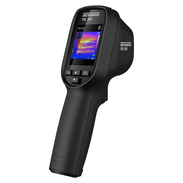 Benning Wärmebildkamera TC 20 -20 bis 550 °C - Schwarz - Schwarze, ergonomische Wärmebildkamera, zeigt ein farbiges Wärmebild und Temperaturdaten auf dem Bildschirm.