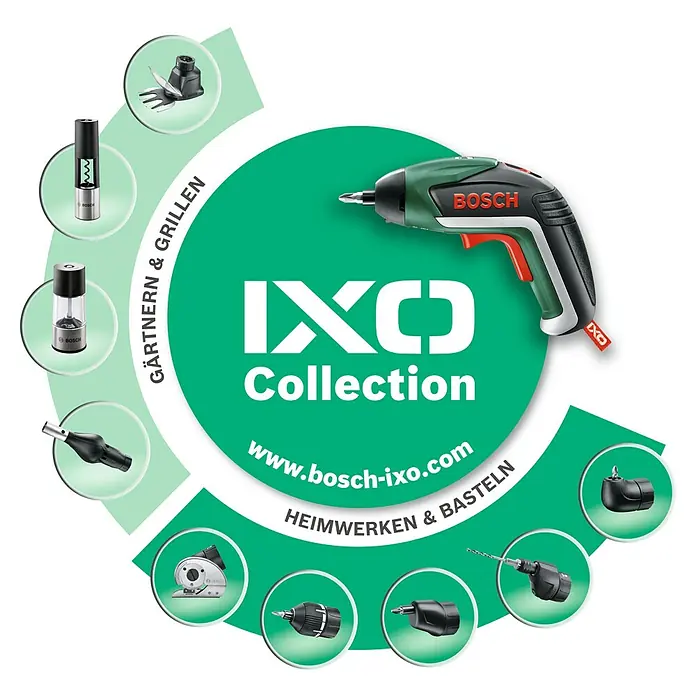 Bosch IXO Schneidaufsatz - Passend für: Bosch Akkuschrauber IXO III/IV/V/VI/VII - Bosch IXO Akkuschrauber mit vielseitigen Aufsätzen für Garten, Grillen und Heimwerken, darunter Korkenzieher, Gewürzmühle, Grasschere und verschiedene Bohrer/Säge-Adapter.
