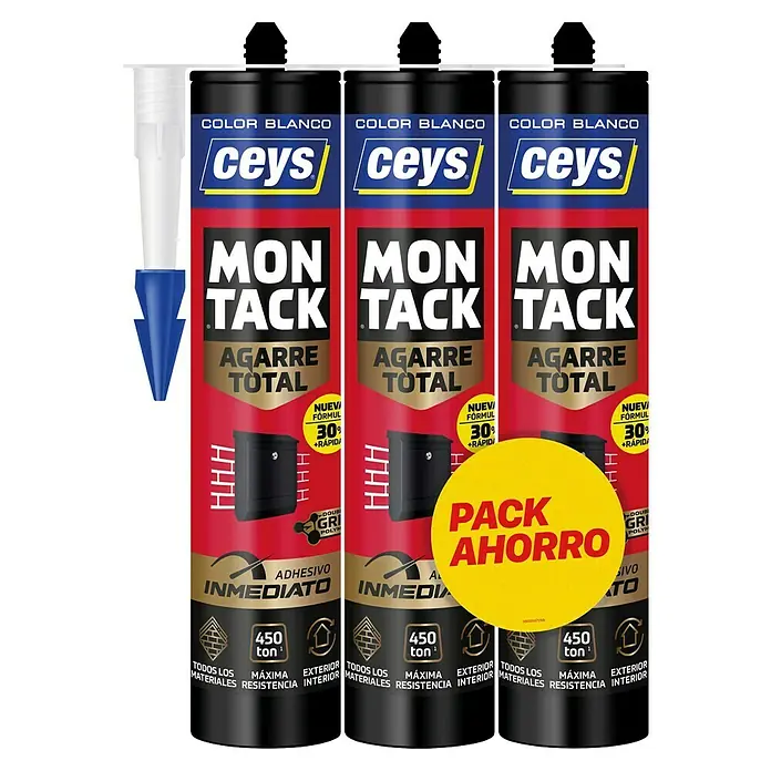Ceys Adhesivo para montaje Pack Montack Express - 450 g, Cartucho - Tres tubos de adhesivo sellador Ceys Montack Agarre Total (color blanco) con boquillas, en pack ahorro.