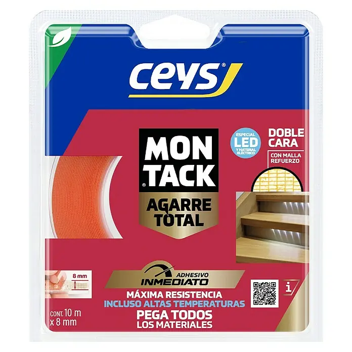 Ceys Cinta de doble cara Montack Express Led - 8 mm x 10 m - Cinta adhesiva doble cara CEYS MON TACK para LED/material eléctrico, 10m x 8mm, adhesión inmediata, resistente a altas temperaturas.