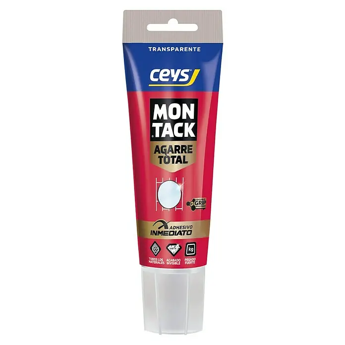 Ceys Adhesivo para montaje Montack Express agarre inmediato invisible - 135 g - Tubo de adhesivo transparente Ceys Montack rojo y azul para una unión fuerte e invisible en todos los materiales.