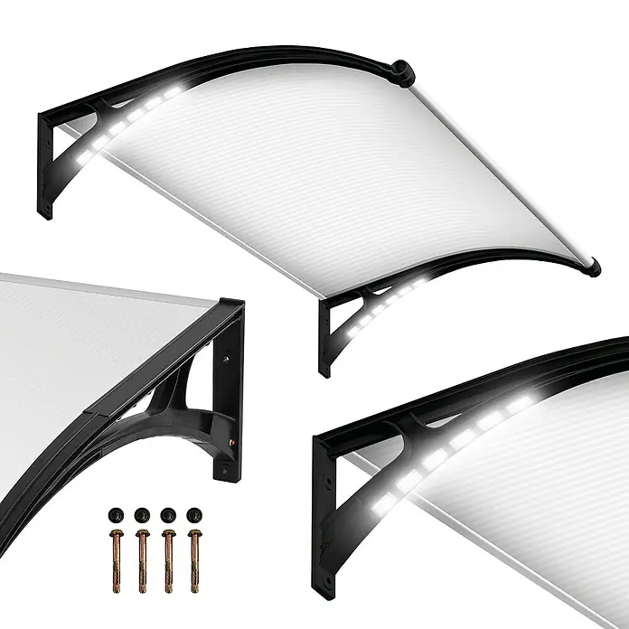 SmartSun Marquesina para puerta Easy LED - 120 x 97 x 31,6 cm, Antracita - Toldo exterior con marco negro, panel translúcido y luces LED integradas, con tornillos de montaje.
