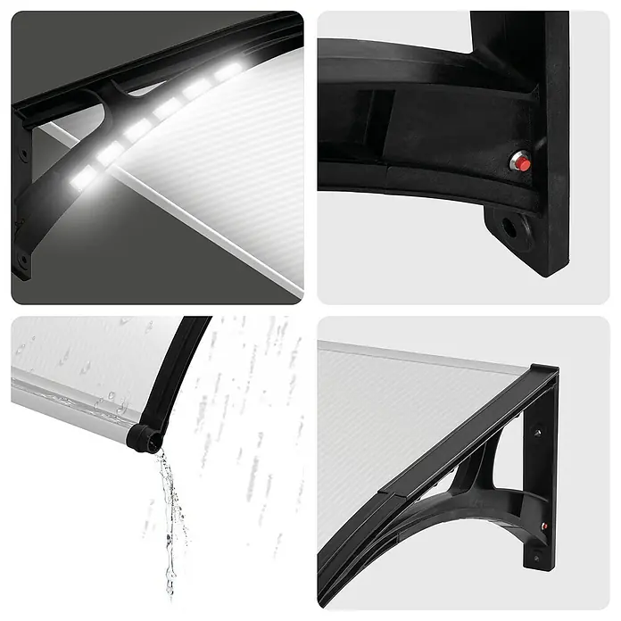 SmartSun Marquesina para puerta Easy LED - 120 x 97 x 31,6 cm, Antracita - Toldo transparente con marco negro y luces LED integradas, demostrando el desagüe del agua.