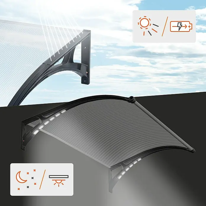 SmartSun Marquesina para puerta Easy LED - 120 x 97 x 31,6 cm, Antracita - Toldo solar con luces LED integradas. Carga de día, ilumina de noche.