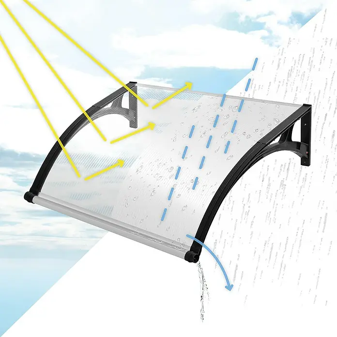 SmartSun Marquesina para puerta Easy LED - 120 x 97 x 31,6 cm, Antracita - Toldo transparente con soportes negros, demostrando protección solar y desviación de lluvia con gotas de agua y flechas contra cielo y pared.
