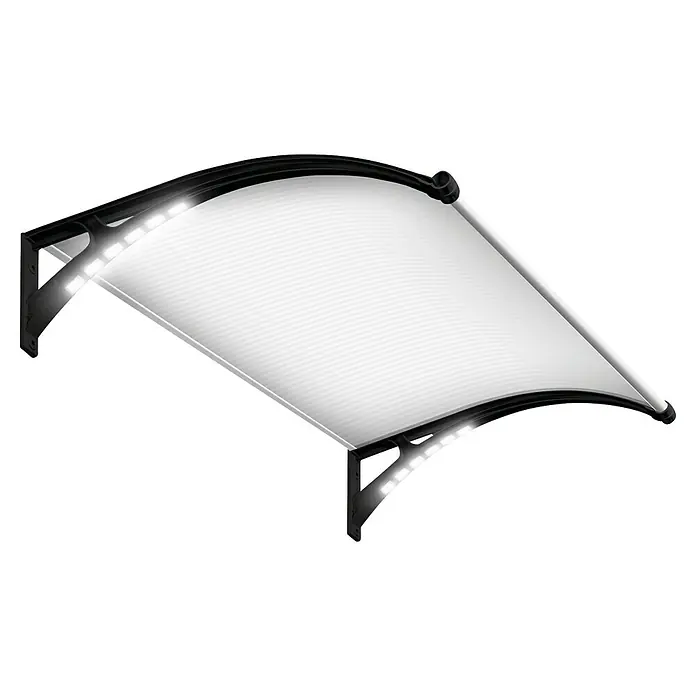 SmartSun Marquesina para puerta Easy LED - 120 x 97 x 31,6 cm, Antracita - Toldo blanco translúcido moderno con marco negro y luces LED integradas.