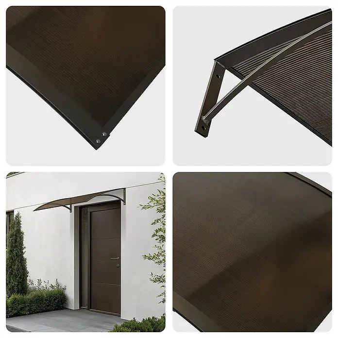 SmartSun Marquesina para puerta Paris - 100 x 80 x 25 cm, Antracita - Toldo ondulado marrón translúcido con soportes marrón oscuro, instalado sobre una puerta exterior.