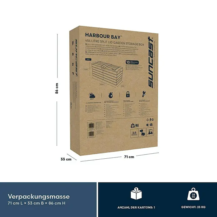 Suncast Kissenbox Harbour Bay - L x B x H: 150 x 61 x 64 cm, Kunststoff, Anthrazit - Brauner Karton, Verpackung für eine Harbour Bay 454L Gartenbox.