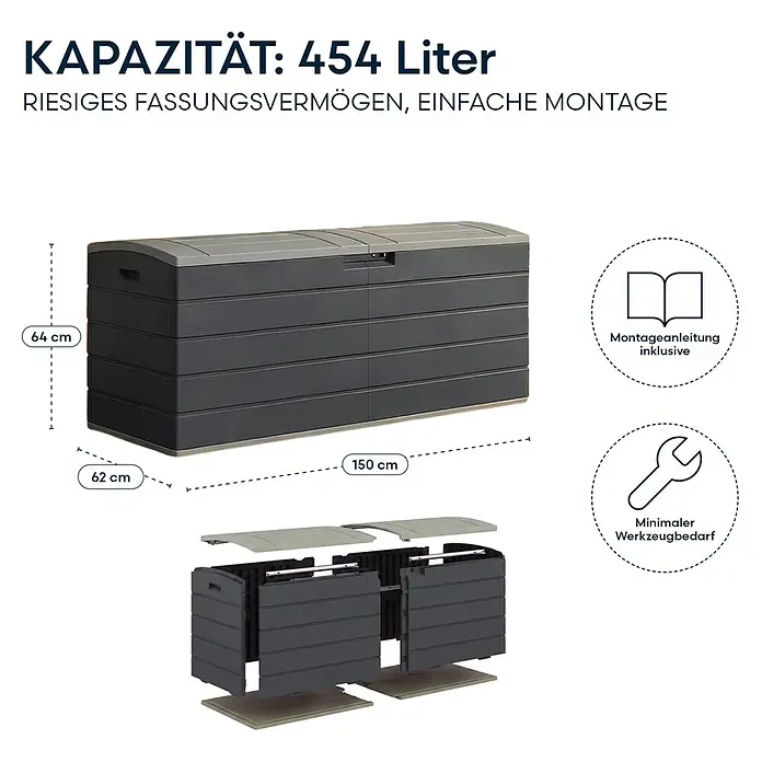 Suncast Kissenbox Harbour Bay - L x B x H: 150 x 61 x 64 cm, Kunststoff, Anthrazit - Große dunkelgraue Outdoor-Aufbewahrungsbox mit hellgrauem Deckel, 454 Liter Fassungsvermögen. Montierte und zerlegte Ansicht.
