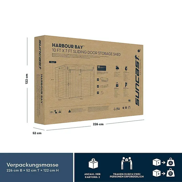 Suncast Gerätehaus - Kunststoff - Kartonverpackung für ein Suncast Harbour Bay 10x7 ft Gerätehaus mit Schiebetür, mit Abmessungen.