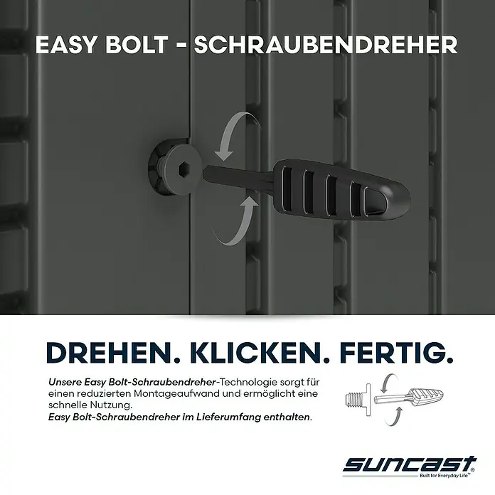 Suncast Geräteschrank - L x B x H: 179 x 112 x 197 cm, Kunststoff - Ein dunkler Easy Bolt-Schraubendreher wird verwendet, um eine Schraube in ein dunkelgraues Paneel zu drehen, was eine einfache Montage zeigt.