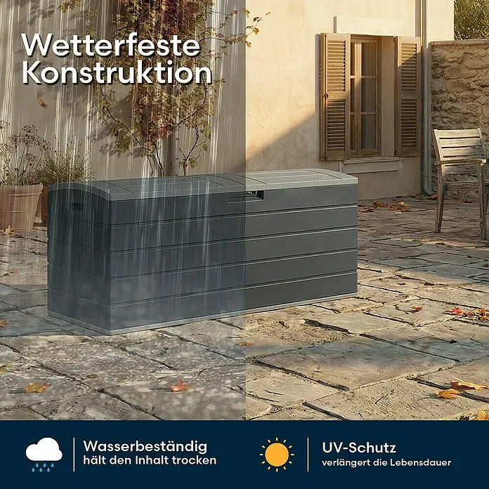 Suncast Kissenbox Harbour Bay - L x B x H: 150 x 61 x 64 cm, Kunststoff, Anthrazit - Dunkelgraue Outdoor-Aufbewahrungsbox im Regen und Sonnenschein, die ihre wetterfeste und UV-geschützte Konstruktion zeigt.